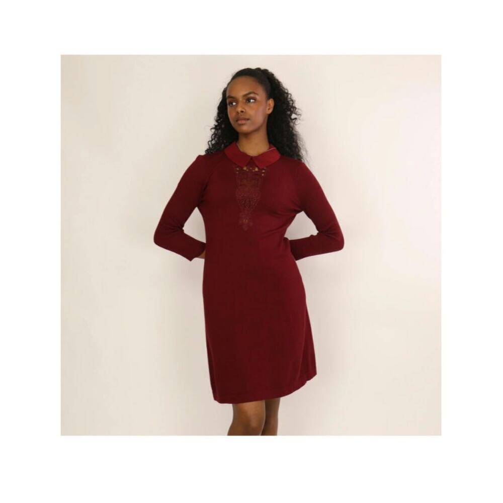 Karen Millen Burgandy Knit Collared Knee Length Dress Size: S‎
